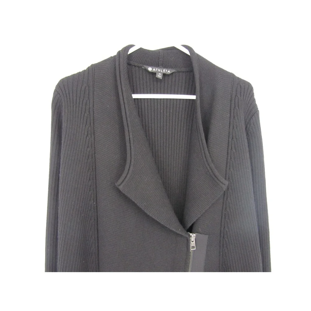 Athleta Cardigan Sweater‎ Medium Black Merino Wool Blend Asymmetric Motto Sporty